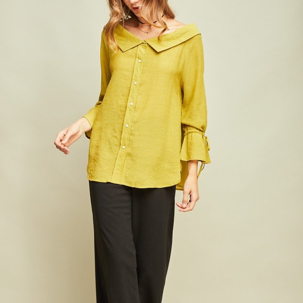 Off Shoulder Button Down Top -Moss - Picture 3 of 7